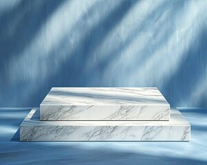A minimalistic white marble podium with geometric shapes on a blue background, perfect for product demonstrations.