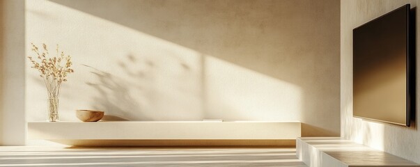 A minimal cream-colored living room wall cabinet for a TV, with a simple and elegant design.