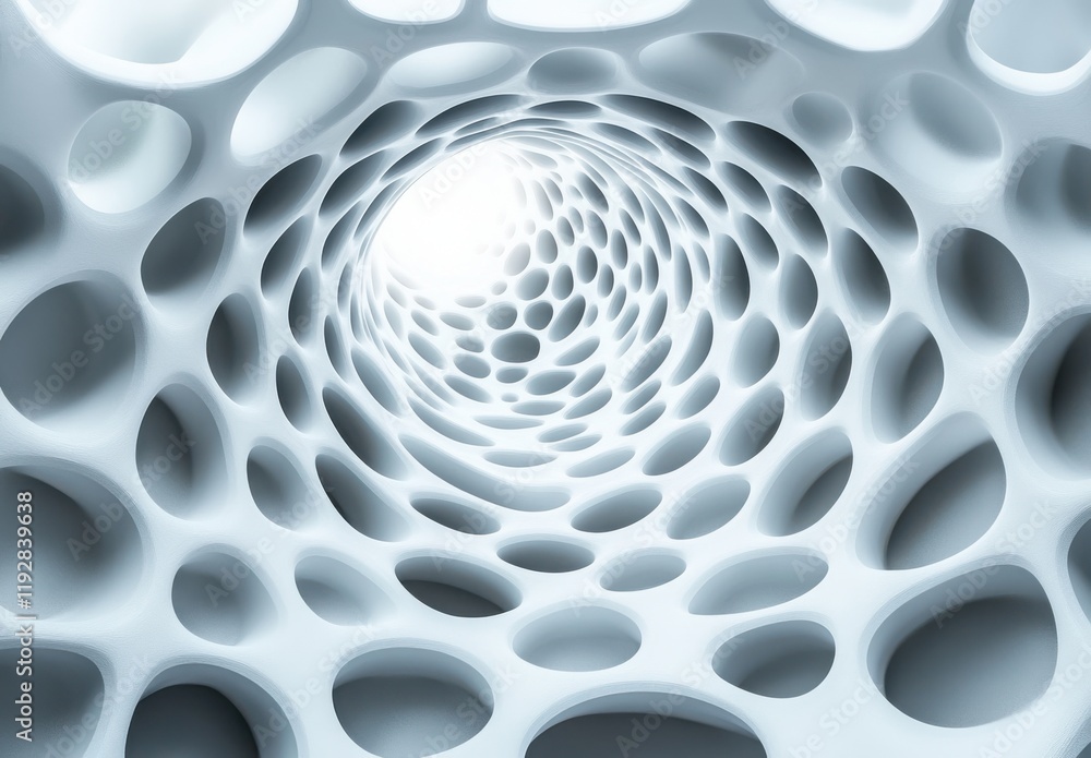 Poster abstract 3d shape with hollow circles and spiraling structure in soft white tones conveying depth an