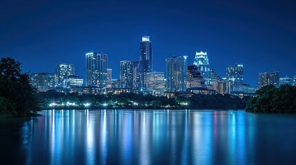 Naklejka premium A grand view of a city skyline at night with glittering lights.