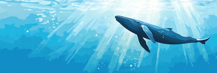 Naklejka premium Illustration of a majestic whale swimming gracefully under the ocean surface with rays of light streaming through water. Generative AI