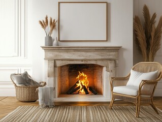 A Scandinavian living room with a fireplace and a blank frame on the wall, exuding a minimalist, clean design. 