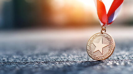 Gold medal with star, rests on asphalt road, sunset background; success, victory, achievement concept for sports, awards, or motivational imagery