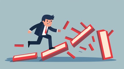 Obraz premium Businessman Escaping Domino Effect in Business Concept Image