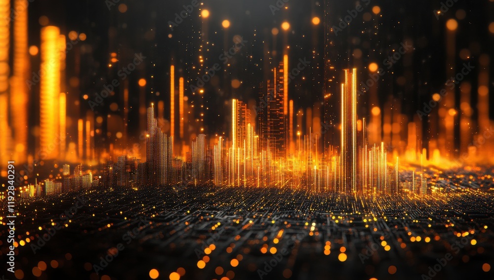 Poster abstract cityscape illuminated by glowing golden lights, showcasing a futuristic skyline with vibran