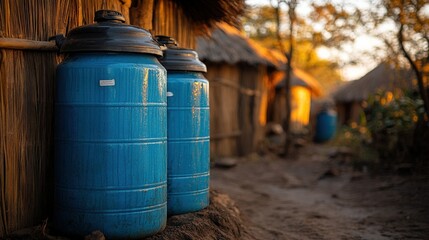 Two Bright Blue Water Storage Barrels Outside A Rural Hut Surrounded By Natural Scenery At Sunset In An Undisturbed Village Environment