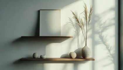 A wall with minimalistic shelves and vases, featuring an empty vertical frame for a wall art mockup