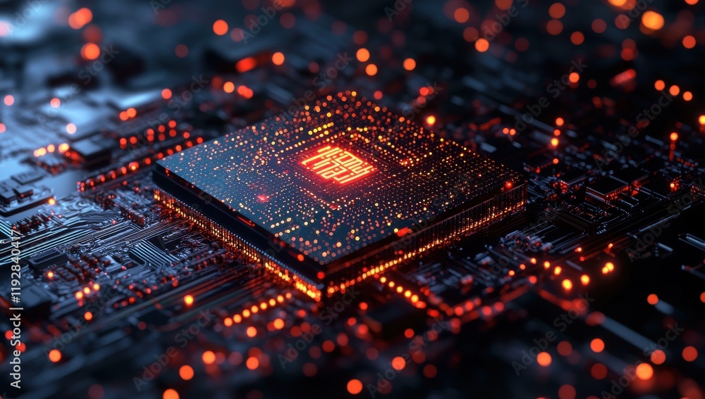 Poster abstract close-up of a futuristic computer processor with glowing circuits and digital patterns in d