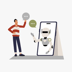 Man interacting with chatbot on smartphone in flat vector illustration symbolizing AI communication, virtual assistant, and online interaction, isolated on white background.