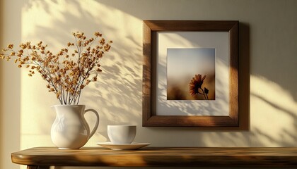 A wooden picture frame mockup on a beige wall, with a vase, dry flowers, and a coffee cup on a table, creating a modern home office art display. 