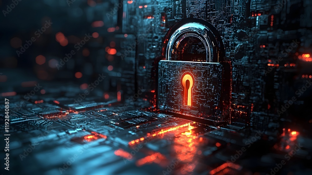 Poster futuristic padlock icon with holographic numeric display symbolizing smart security systems