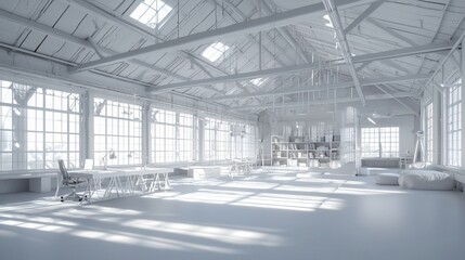 Obraz premium Sunlit spacious white industrial loft interior.