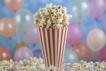 Vibrant Popcorn Cone Surrounded by Colorful Balloons