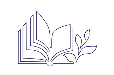 Open book with sprout plant, leaves. Line art icon