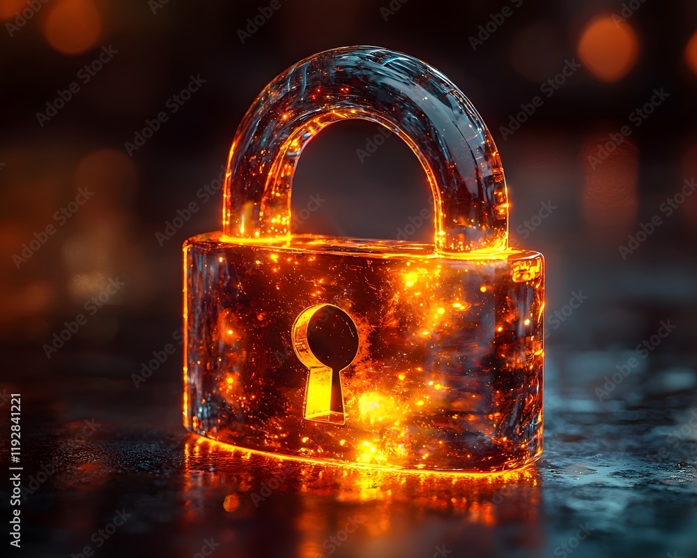 Poster transparent padlock icon with glowing core symbolizing digital security and transparency