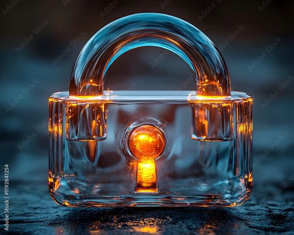 Poster transparent padlock icon with glowing core symbolizing security and transparency
