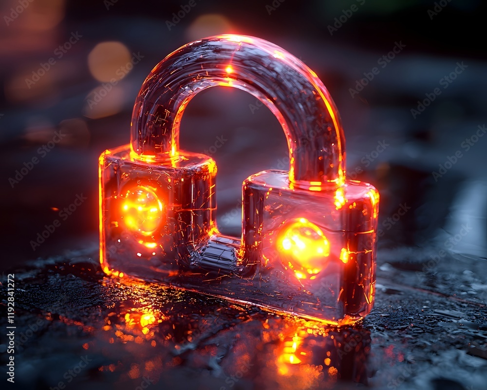 Poster transparent padlock icon with glowing core symbolizing security and transparency