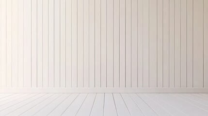An empty white panelling wall background with light-colored floors, ideal for a clean, minimalist mockup.