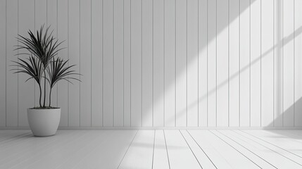 An empty white panelling wall background with light-colored floors, ideal for a clean, minimalist mockup.