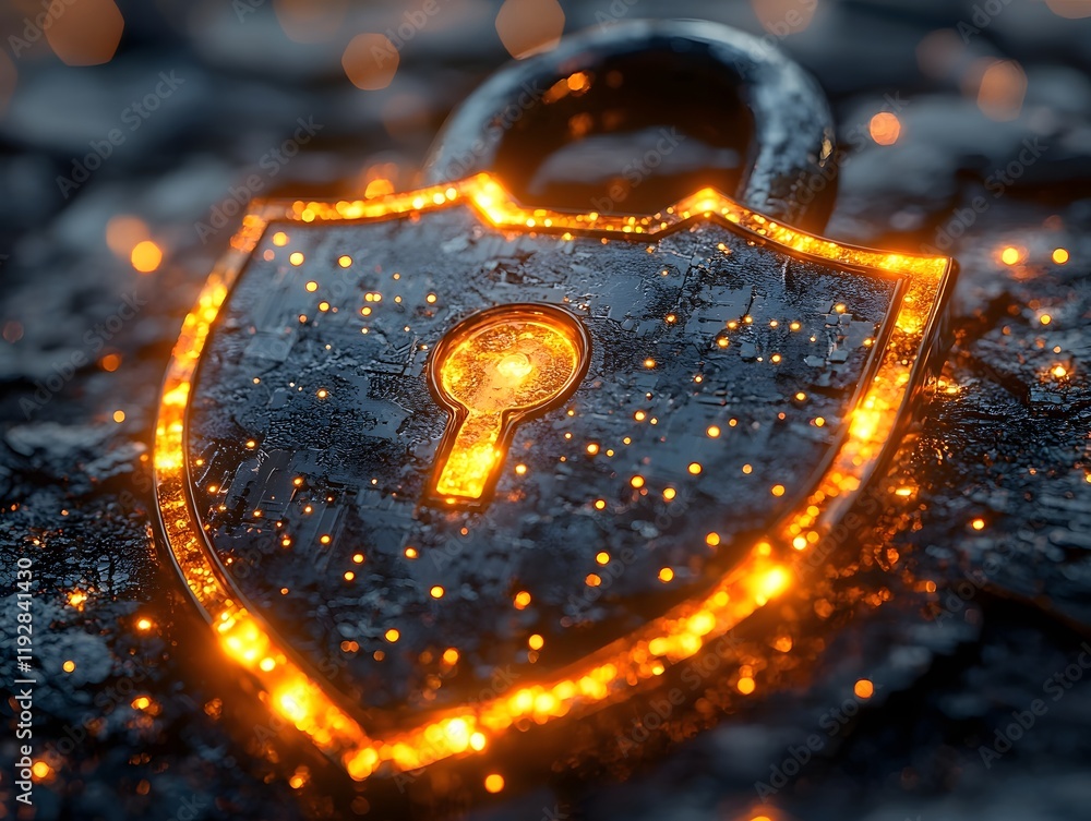 Poster glowing padlock shield icon with intricate encryption designs and symbols