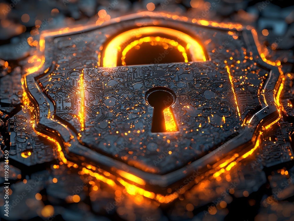 Poster intricate glowing padlock shield with encrypted locks and keys cyberpunk security concept