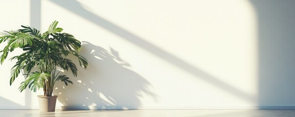 An empty white wall interior with a small plant placed in the corner, offering a clean backdrop for any design