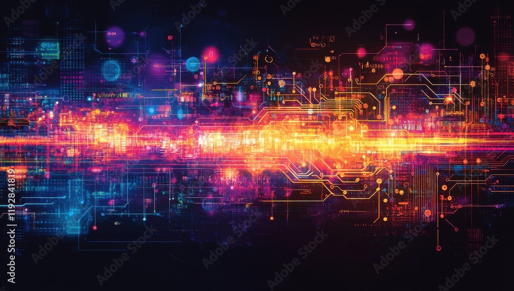 Poster abstract digital circuit background showcasing vibrant colors and complex technology patterns, repre