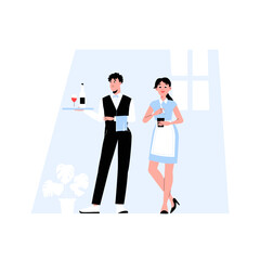 Male And Female Waiters Standing With Drinks In Flat Vector Illustration Symbolizing Teamwork, Beverage Service, And Hospitality, Isolated On White Background.