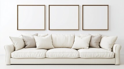 Three empty vertical picture frames in a modern living room with a white sofa and beige pillows, ideal for a wall art mockup