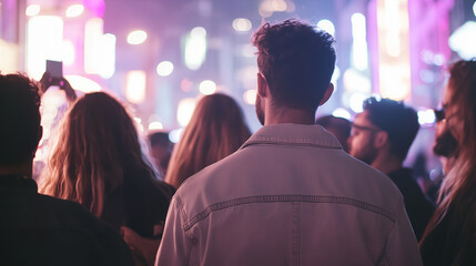 Nightclub Promoter Distributing VIP Passes in Neon City Scene