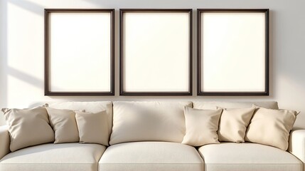 Three empty vertical picture frames in a modern living room with a white sofa and beige pillows, ideal for a wall art mockup. 