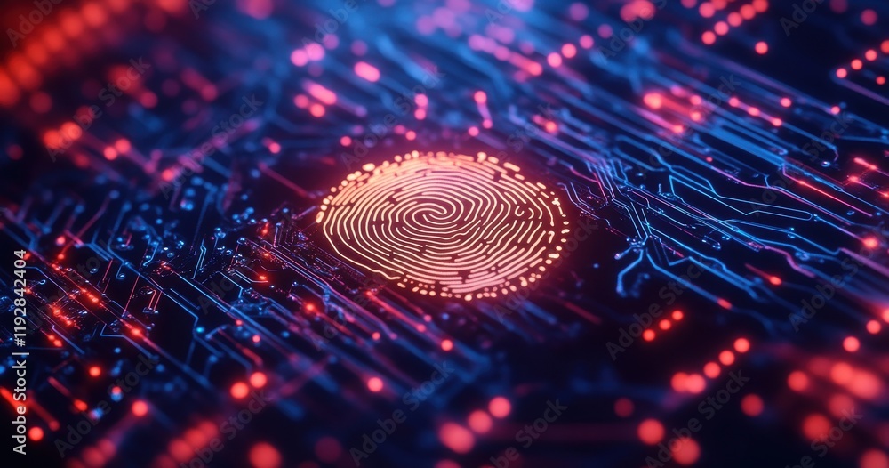 Poster abstract digital fingerprint concept on a circuit board background, showcasing advanced technology, 