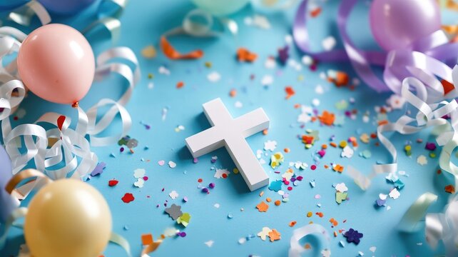White cross surrounded by colorful balloons, ribbons, and confetti on blue surface