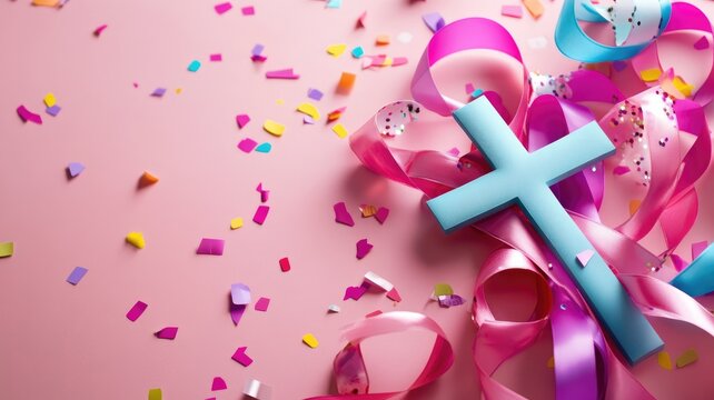 Blue cross with colorful ribbons and confetti on pink background