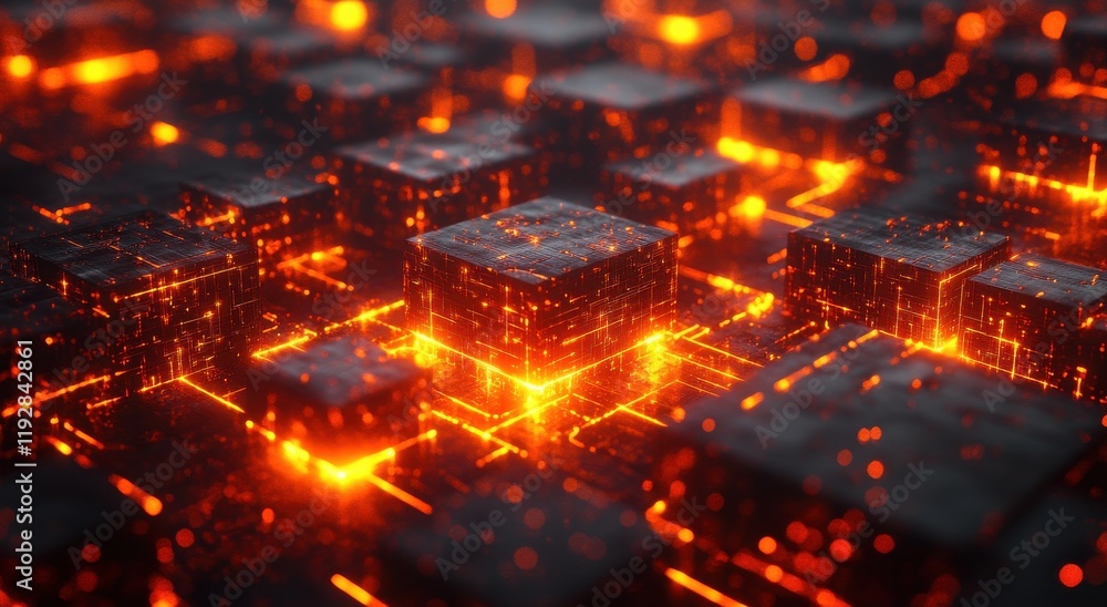 Poster abstract digital landscape with glowing cubes and bright particles, representing data flow and techn