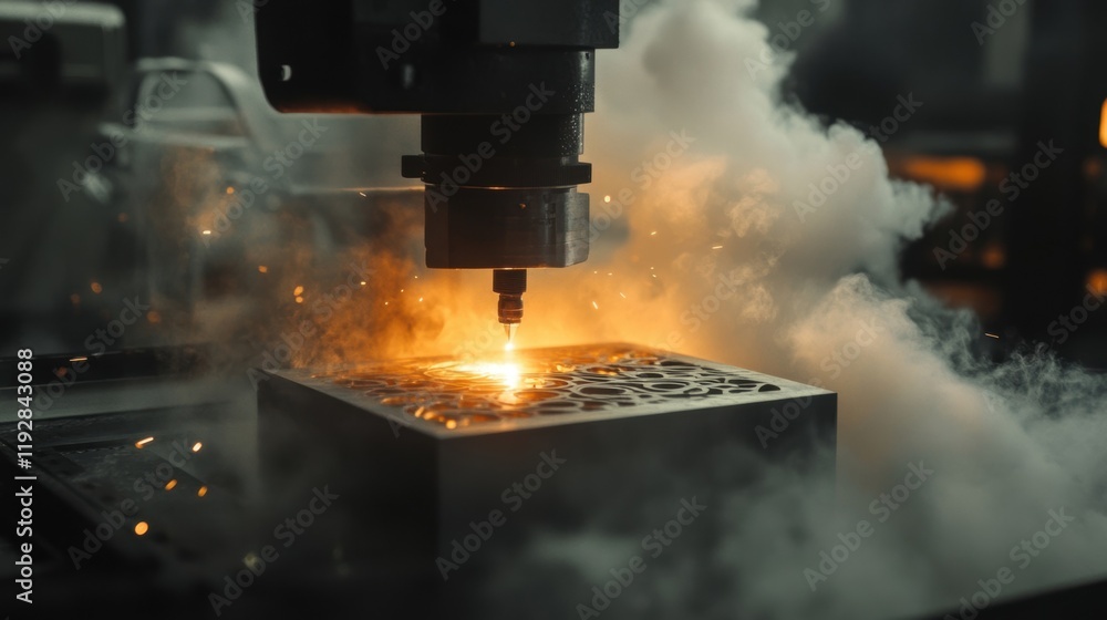 Poster high precision industrial laser engraving processes metal workpieces, creating an impressive display