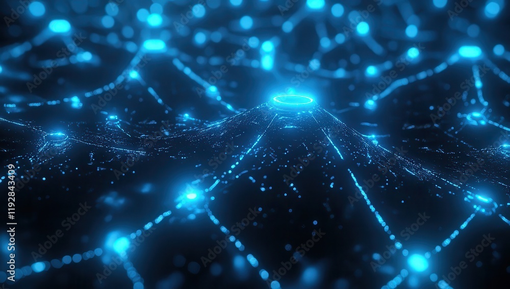 Poster abstract digital network visualization with glowing blue connections, representing technology, data 