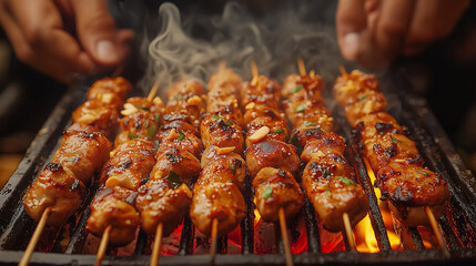 Chicken Kebabs,	Chicken kebabs grilling on a barbecue.