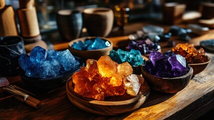 An exquisite display of assorted colorful crystals, radiating beauty and energy, set in an artistic composition that captures the essence of elegance and charm.
