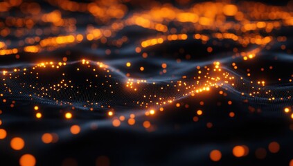 Obraz premium Abstract Digital Waves with Glowing Orange Particles Creating a Dynamic and Futuristic Background for Technology and Creative Projects
