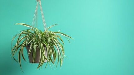 Obraz premium Hanging Spider Plant in a Pot Against Teal Wall