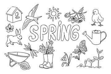 Spring black and white coloring page with flowers, a rabbit, birds, a wheelbarrow, boots, a watering can, and the contour line word Spring. Vector doodle composition isolated on white background