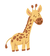 Cute hand drawn giraffe illustration with friendly smile, with yellow and brown tones and a simple, playful design isolated on white background. Vector childish drawing