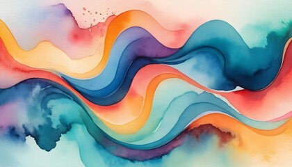 Vibrant watercolor abstract waves in bright colors, fluid art composition
