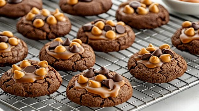 Freshly baked chocolate cookies topped with creamy butterscotch and chocolate chips cool on a wire rack, perfect for snacking