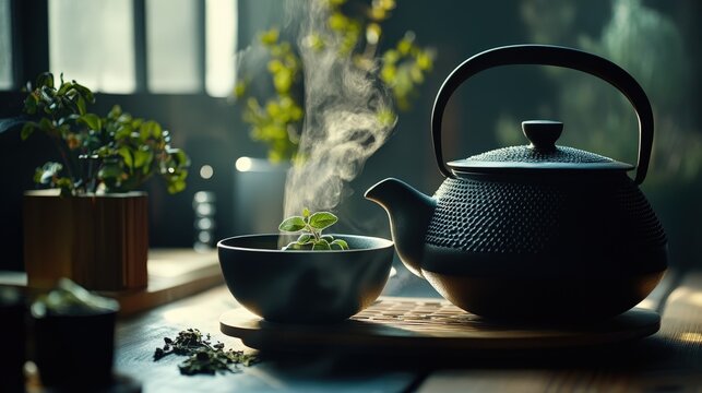 A traditional black teapot accompanies a bowl of fresh herbs, creating a rustic and cozy atmosphere that emphasizes the art of tea-making and natural flavor infusion.