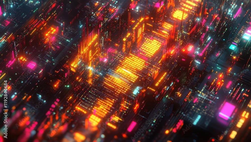 Poster abstract futuristic cityscape with glowing neon lights and digital architecture in vibrant colors to