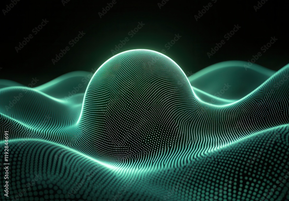 Poster abstract futuristic landscape with glowing green points creating a 3d effect of waves and a central 
