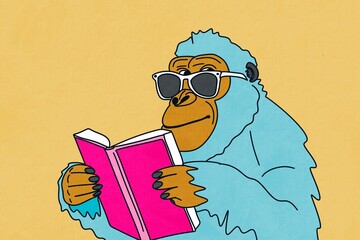 Cool gorilla reading a book with sunglasses