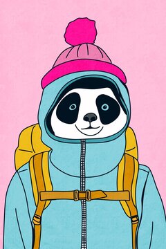 Whimsical panda in winter gear with ping background